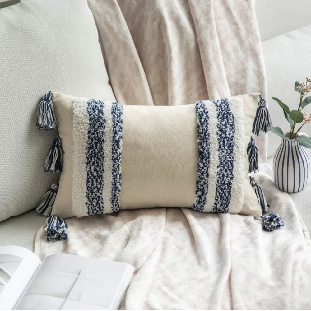 Luxury Home | Boho Chic Blue & White Tufted Woven Tassel Lumbar Pillow Cover
